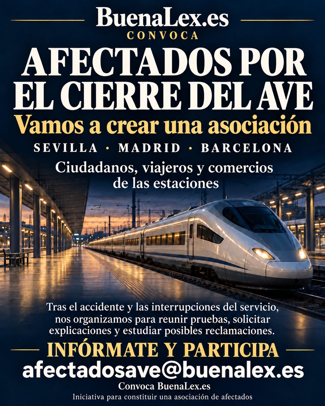Cartel de BuenaLex.es convocando a ciudadanos, viajeros y negocios para crear una asociación de afectados por el cierre del AVE.